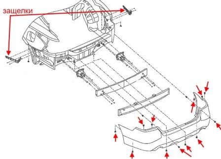 the scheme of fastening of the rear bumper Nissan Altima L33 (after 2013)